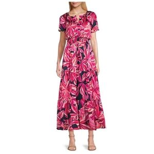 Leslie Fay Split Round Neck Smocked Waist Printed Midi/Maxi Dress